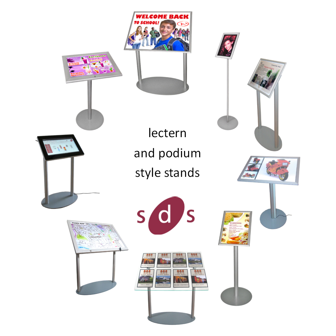 SDS lectern and angled stand display collection